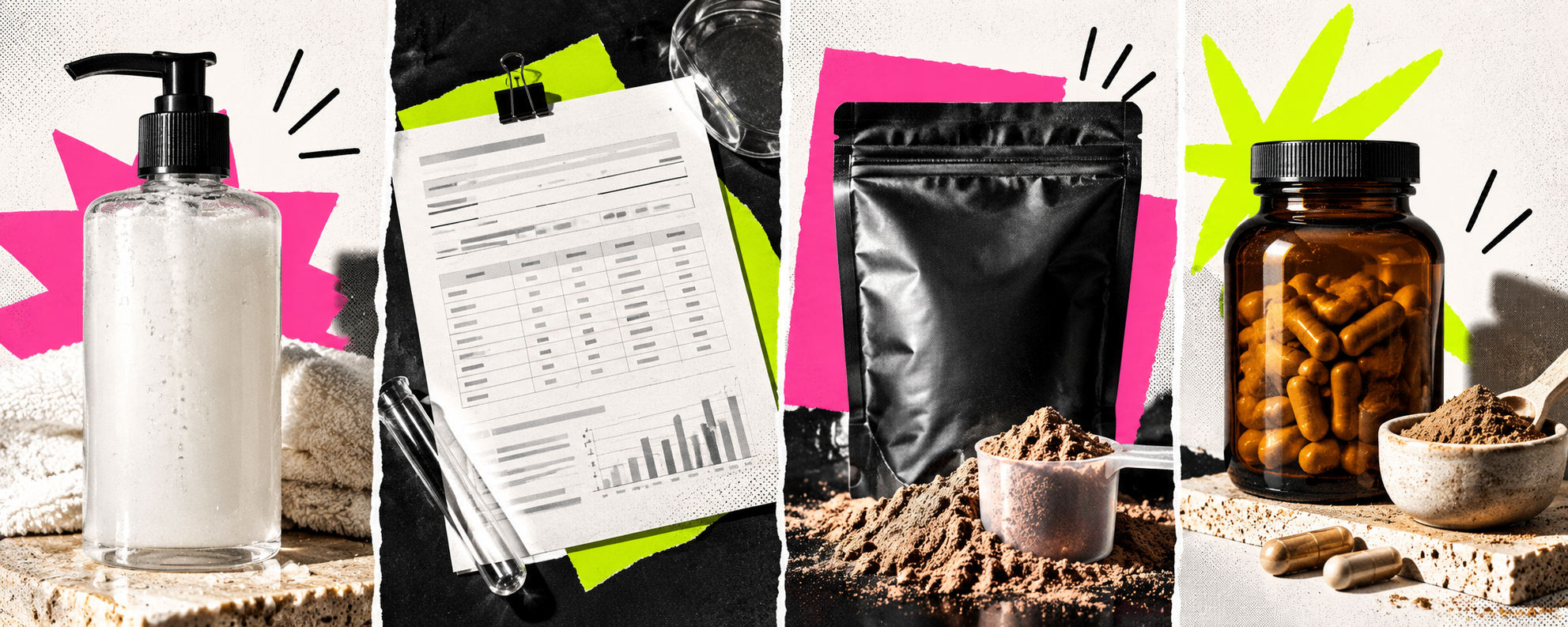 Editorial collage of a personal-care product, a laboratory report, protein powder and a supplement bottle